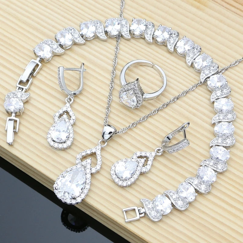Water Drop 925 Sterling Silver Jewelry Red CZ Stone Jewelry Sets Women Earrings/Pendant/Necklace/Open Rings/Bracelet