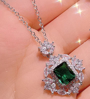 925 Silver Exquisite Square Colorful Treasure Necklace Female Simulation Emerald Pendant Ring Three-piece Jewelry Set Party Gift