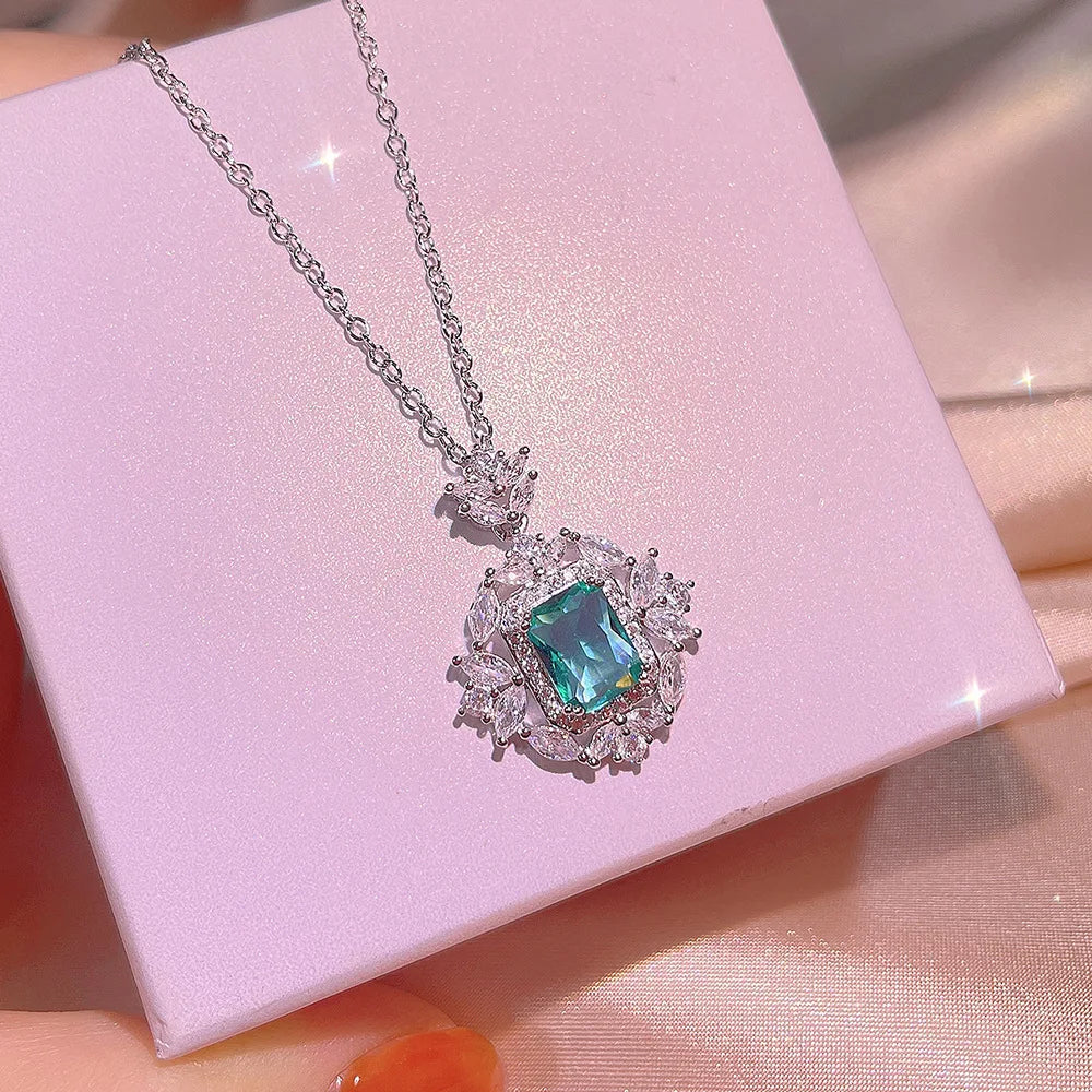 925 Silver Exquisite Square Colorful Treasure Necklace Female Simulation Emerald Pendant Ring Three-piece Jewelry Set Party Gift