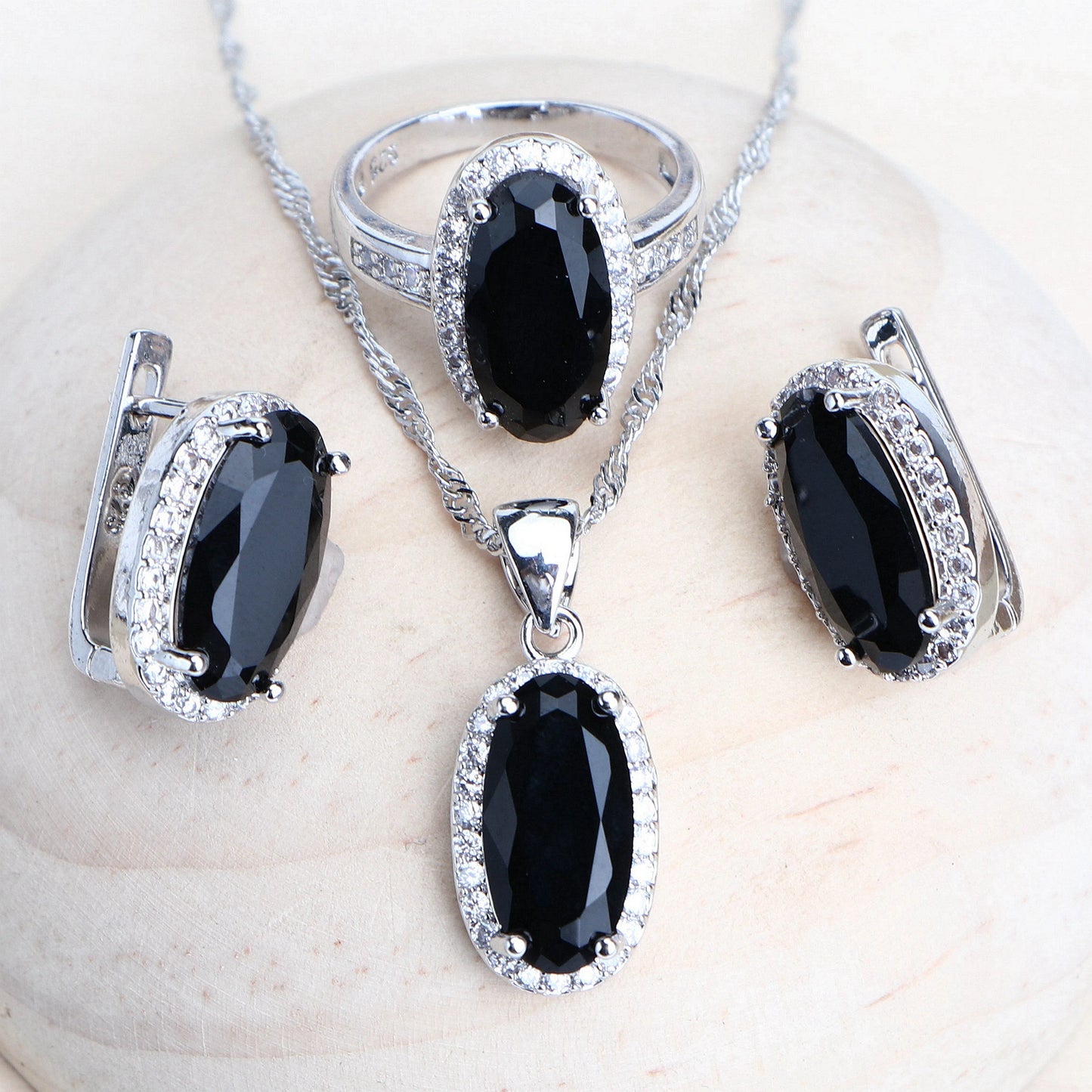 Trendy Women Bridal Jewelry Sets Silver 925 Black Cubic Zirconia Jewellery Wedding Earrings Rings Bracelets Pendant Necklace