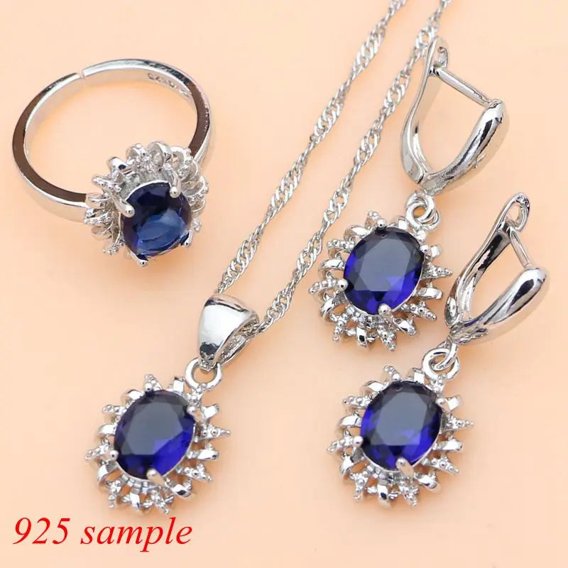 Silver 925 Jewelry Sets for Women Natural Blue Sapphire Stone Fashion Jewelry Gift for Her Party Necklace Sets 7 Colors