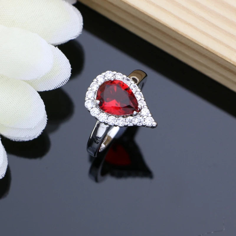 Water Drop 925 Sterling Silver Jewelry Red CZ Stone Jewelry Sets Women Earrings/Pendant/Necklace/Open Rings/Bracelet