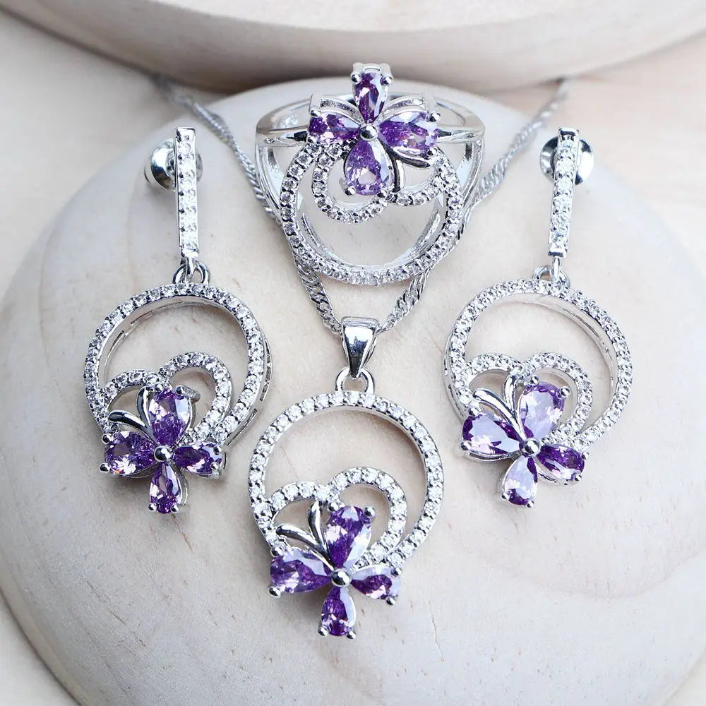 Purple Zirconia Silver 925 Bridal Jewelry Sets For Women Costume Jewellery Bracelets Wedding Rings Earrings Pendants Necklace