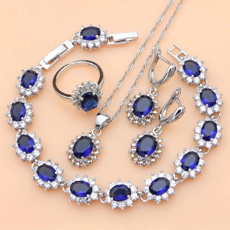 Silver 925 Jewelry Sets for Women Natural Blue Sapphire Stone Fashion Jewelry Gift for Her Party Necklace Sets 7 Colors