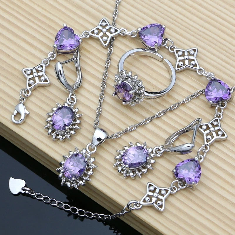 Silver 925 Jewelry Sets for Women Natural Blue Sapphire Stone Fashion Jewelry Gift for Her Party Necklace Sets 7 Colors