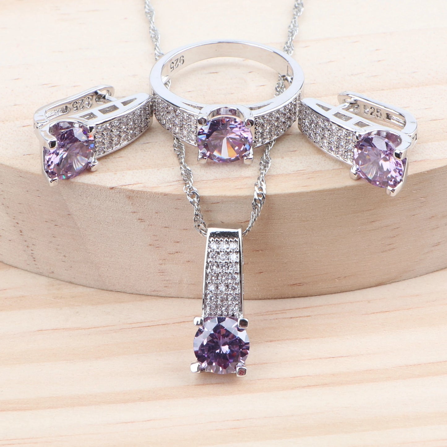 Women Luxury Bridal Jewelry Sets 925 Silver Purple Cubic Zirconia Wedding Costume Bracelet Rings Earrings Pendants Necklace Set