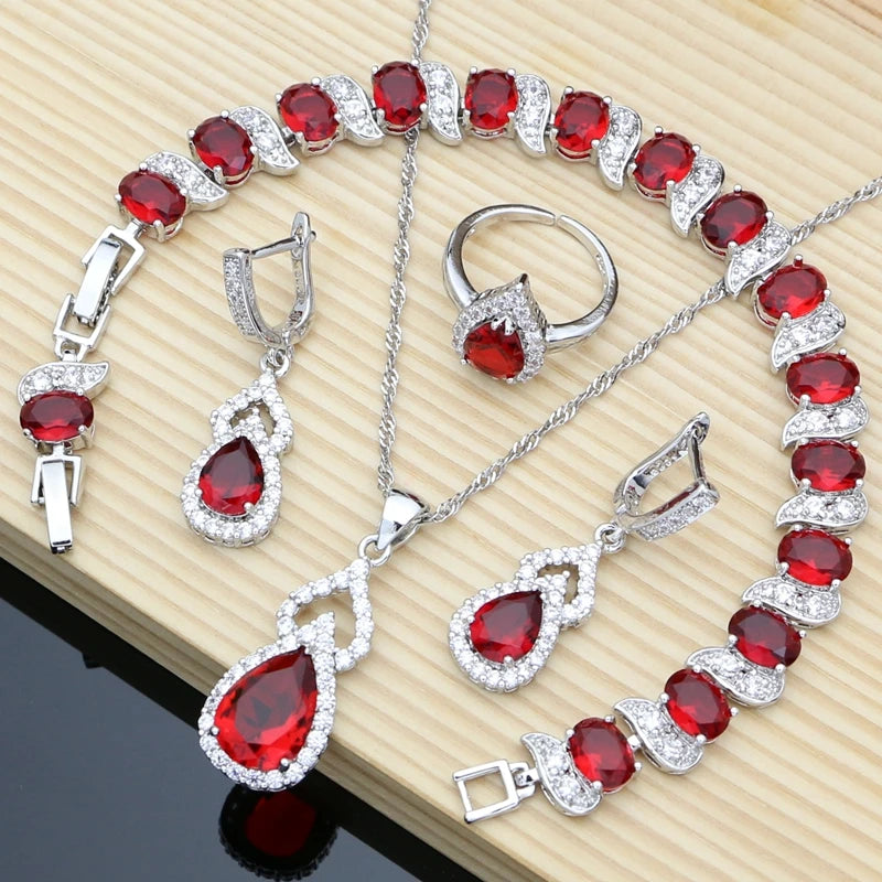 Water Drop 925 Sterling Silver Jewelry Red CZ Stone Jewelry Sets Women Earrings/Pendant/Necklace/Open Rings/Bracelet