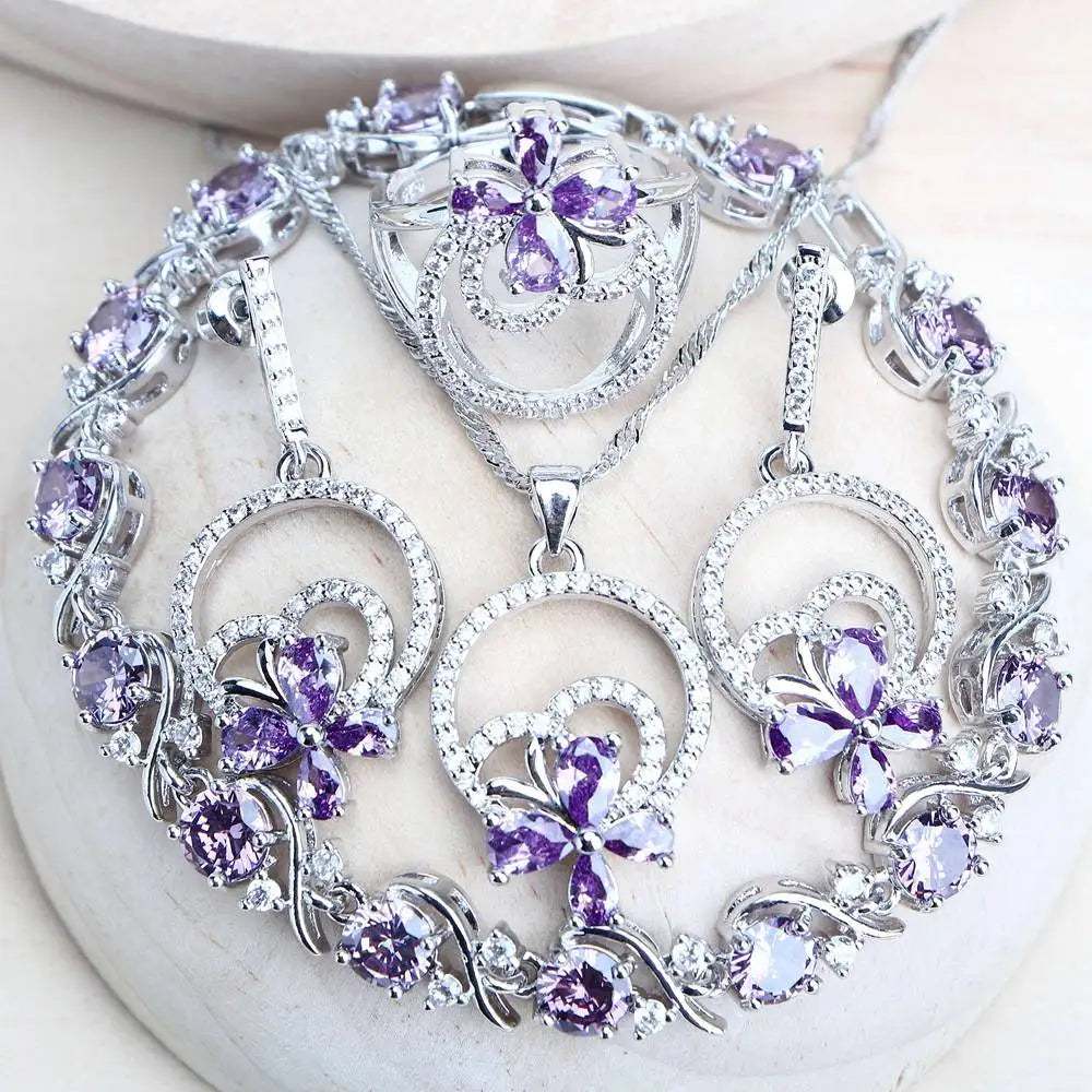 Purple Zirconia Silver 925 Bridal Jewelry Sets For Women Costume Jewellery Bracelets Wedding Rings Earrings Pendants Necklace