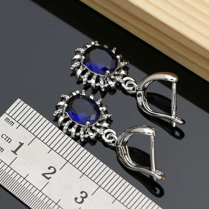 Silver 925 Jewelry Sets for Women Natural Blue Sapphire Stone Fashion Jewelry Gift for Her Party Necklace Sets 7 Colors