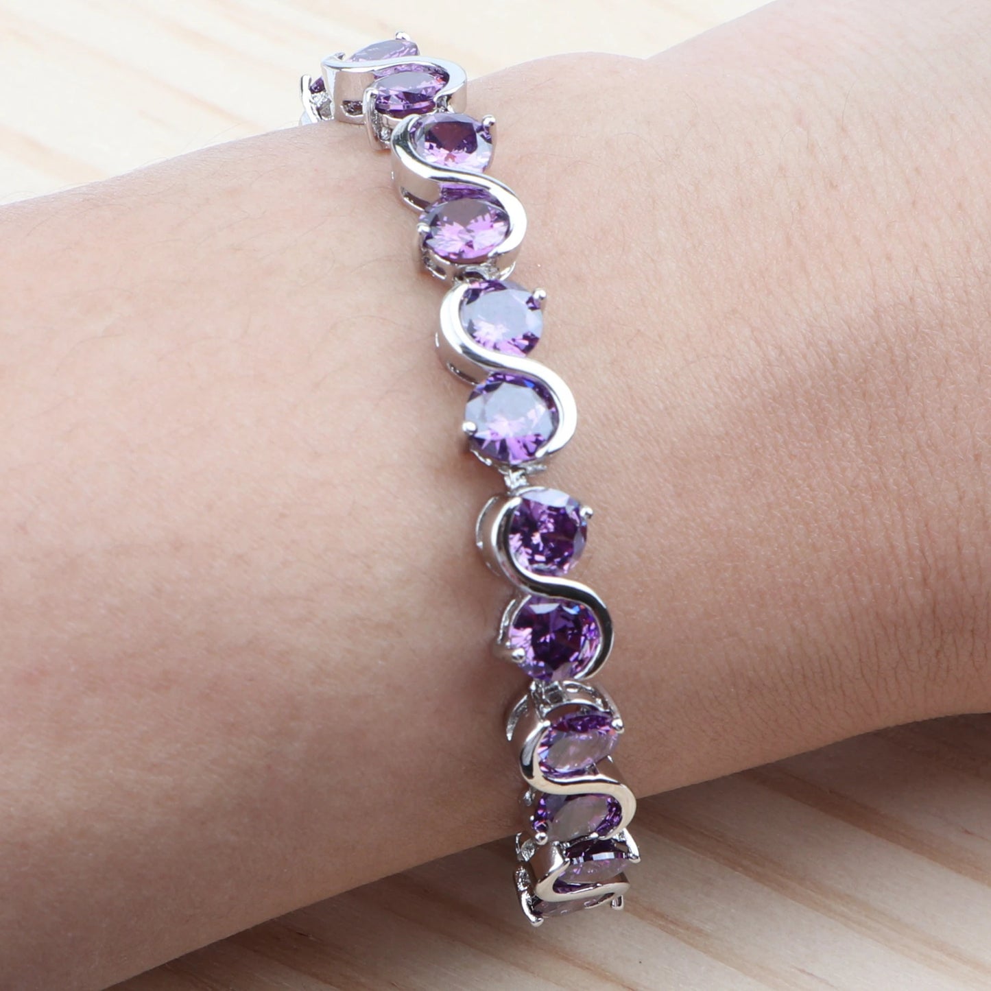 Women Luxury Bridal Jewelry Sets 925 Silver Purple Cubic Zirconia Wedding Costume Bracelet Rings Earrings Pendants Necklace Set