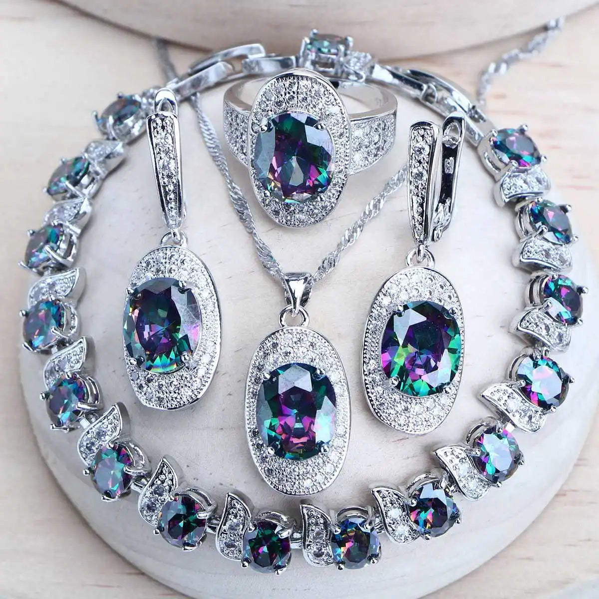 Silver 925 Women Bridal Jewelry Sets Rainbow Cubic Zirconia Costume Jewellery Wedding Earrings Rings Bracelets Pendant Necklace