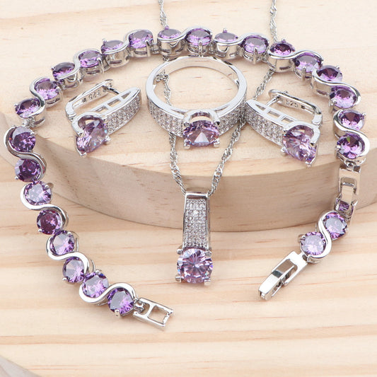 Women Luxury Bridal Jewelry Sets 925 Silver Purple Cubic Zirconia Wedding Costume Bracelet Rings Earrings Pendants Necklace Set