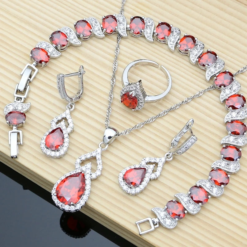 Water Drop 925 Sterling Silver Jewelry Red CZ Stone Jewelry Sets Women Earrings/Pendant/Necklace/Open Rings/Bracelet