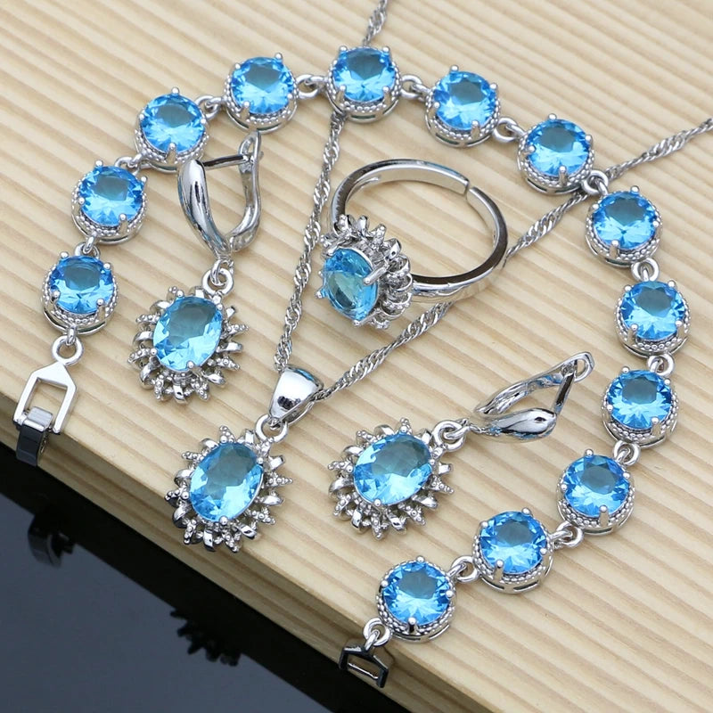 Silver 925 Jewelry Sets for Women Natural Blue Sapphire Stone Fashion Jewelry Gift for Her Party Necklace Sets 7 Colors