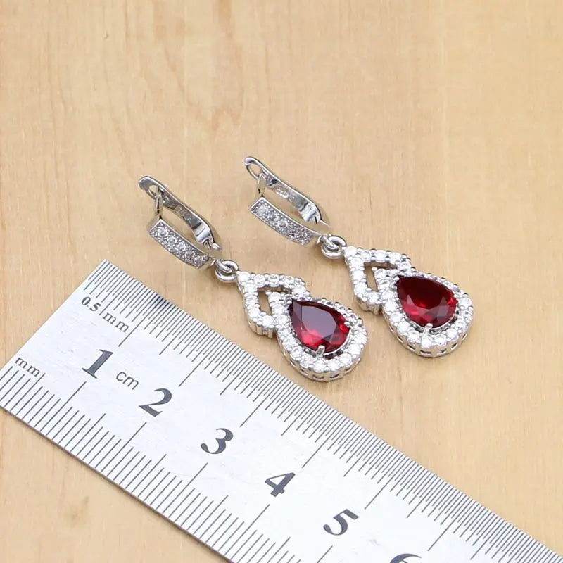 Water Drop 925 Sterling Silver Jewelry Red CZ Stone Jewelry Sets Women Earrings/Pendant/Necklace/Open Rings/Bracelet