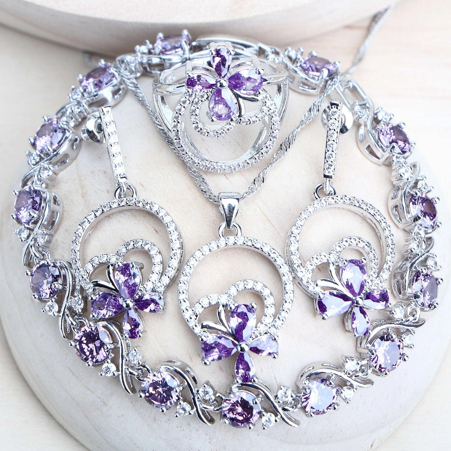 Purple Zirconia Silver 925 Bridal Jewelry Sets For Women Costume Jewellery Bracelets Wedding Rings Earrings Pendants Necklace