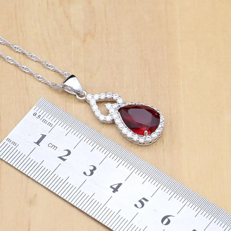 Water Drop 925 Sterling Silver Jewelry Red CZ Stone Jewelry Sets Women Earrings/Pendant/Necklace/Open Rings/Bracelet