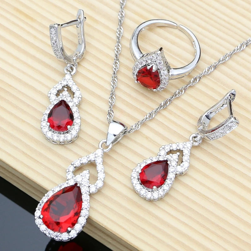 Water Drop 925 Sterling Silver Jewelry Red CZ Stone Jewelry Sets Women Earrings/Pendant/Necklace/Open Rings/Bracelet