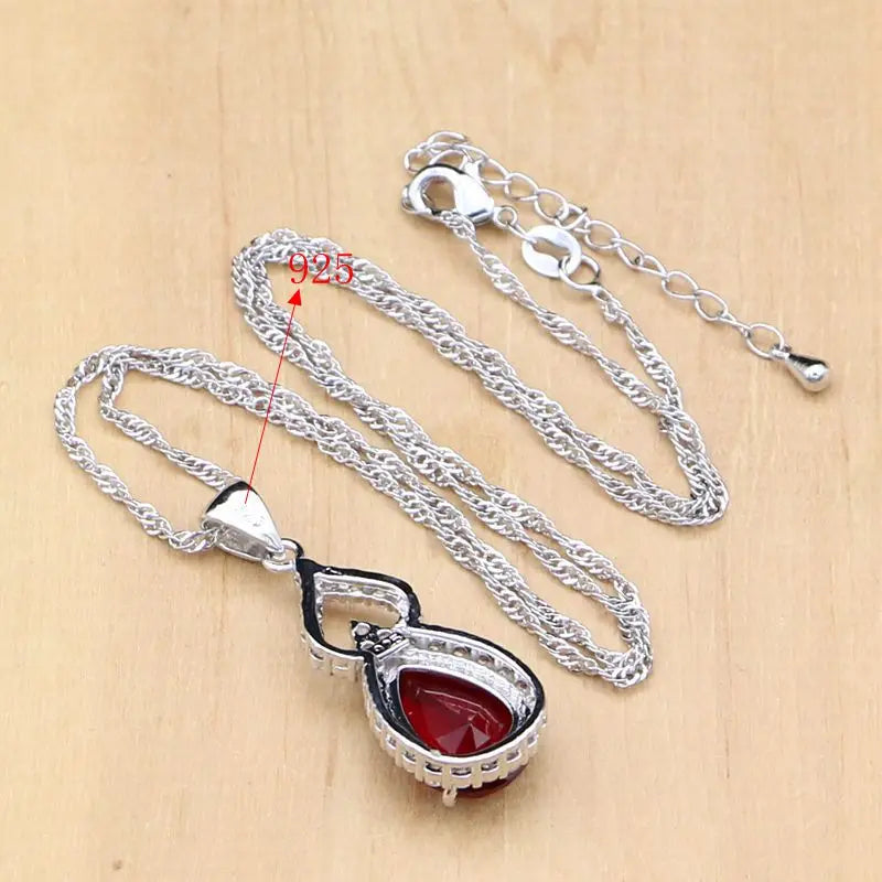 Water Drop 925 Sterling Silver Jewelry Red CZ Stone Jewelry Sets Women Earrings/Pendant/Necklace/Open Rings/Bracelet