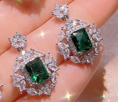 925 Silver Exquisite Square Colorful Treasure Necklace Female Simulation Emerald Pendant Ring Three-piece Jewelry Set Party Gift