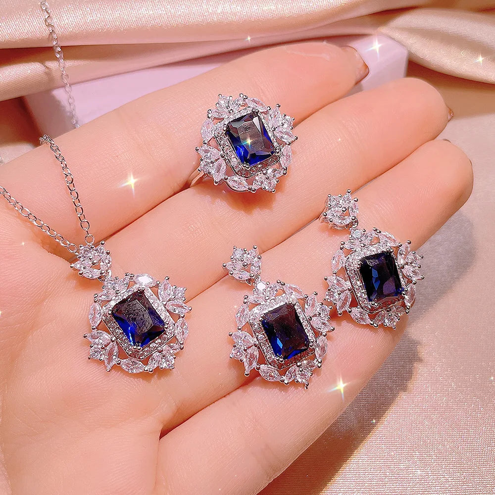 925 Silver Exquisite Square Colorful Treasure Necklace Female Simulation Emerald Pendant Ring Three-piece Jewelry Set Party Gift