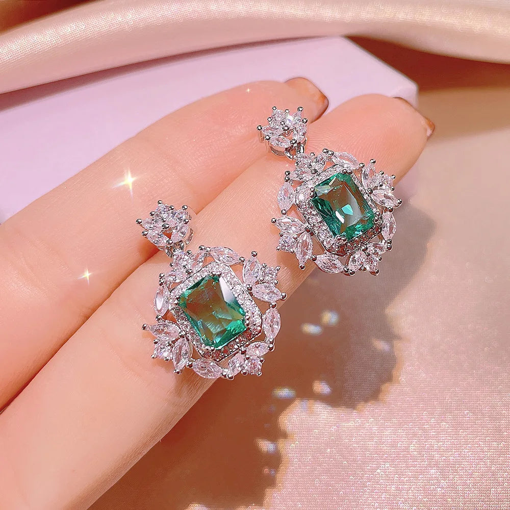 925 Silver Exquisite Square Colorful Treasure Necklace Female Simulation Emerald Pendant Ring Three-piece Jewelry Set Party Gift