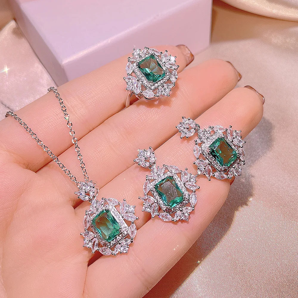 925 Silver Exquisite Square Colorful Treasure Necklace Female Simulation Emerald Pendant Ring Three-piece Jewelry Set Party Gift