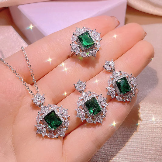 925 Silver Exquisite Square Colorful Treasure Necklace Female Simulation Emerald Pendant Ring Three-piece Jewelry Set Party Gift